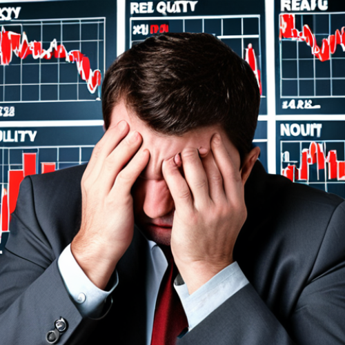 Home 11 **
A stressed investor surrounded by charts going down, representing loss aversion. Emphasize anxiety and clutching losing stocks. Subtly include news headlines showing market volatility. Palette should be predominantly red and grey.
**
