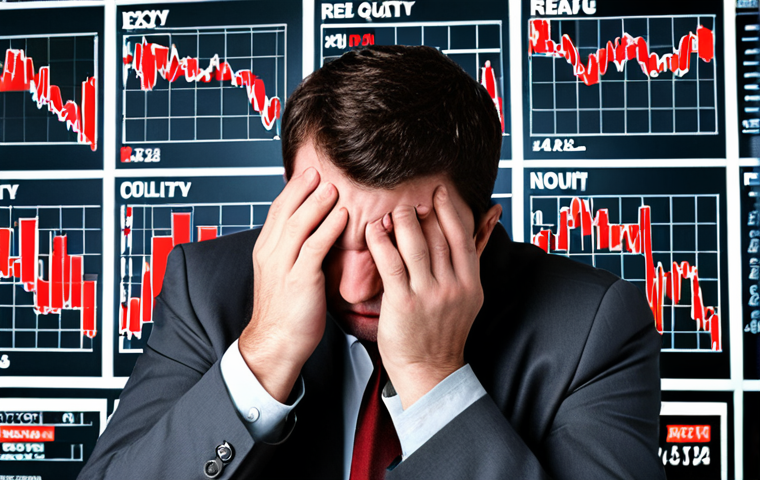 **
A stressed investor surrounded by charts going down, representing loss aversion. Emphasize anxiety and clutching losing stocks. Subtly include news headlines showing market volatility. Palette should be predominantly red and grey.
**